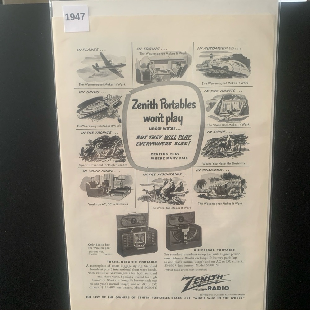 Vintage 1947 Zenith Radio Portables Won't Play Under Water Ad Advertisement